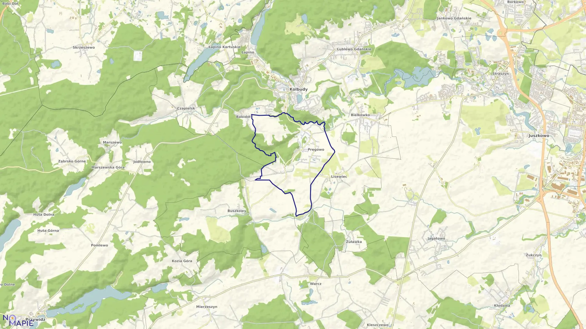 Mapa obrębu Pręgowo Górne w gminie Kolbudy